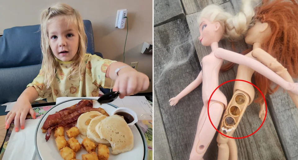 Young girl easting meal (left) Barbie doll with button battery (right)