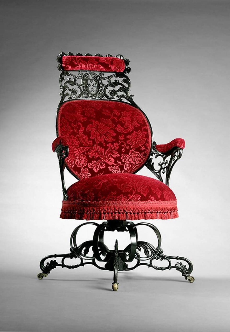 Thomas E. Warren (American, 1808, active 1849-53), American Chair Company (United States, 1829-58). Centripetal Spring Arm Chair, circa 1850, cast iron, steel, wood, sheet metal, reproduction gauffrage velvet upholstery, faux bois rosewood, metal casters. The Mint’s chairs exhibit runs from Sept. 16 to Feb. 25, 2024.
