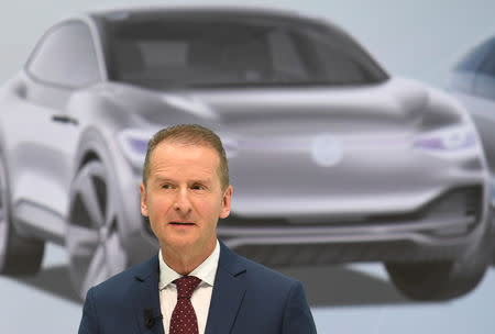 Herbert Diess, Volkswagen's new CEO addresses the media during a news conference at the Volkswagen plant in Wolfsburg, Germany April 13, 2018. REUTERS/Fabian Bimmer