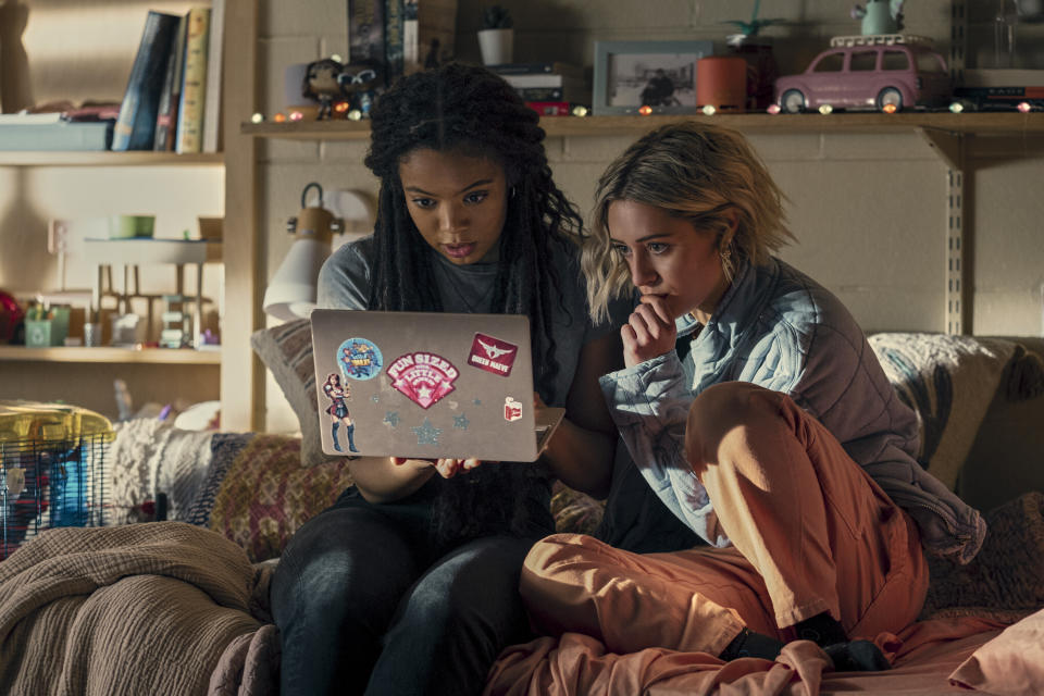 This image released by Prime Video shows Jaz Sinclair, left, and Lizze Broadway in a scene from "Gen V." (Brooke Palmer/Prime Video via AP)