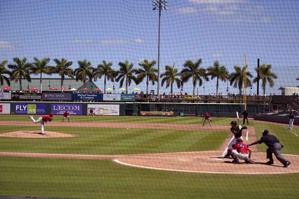 Philadelphia Phillies pitcher David Hale delivers during the fifth inning of a spring training exhibition baseball game against the Pittsburgh Pirates at LECOM Park in Bradenton, Fla., Sunday, March 14, 2021. (AP Photo/Gene J. Puskar)