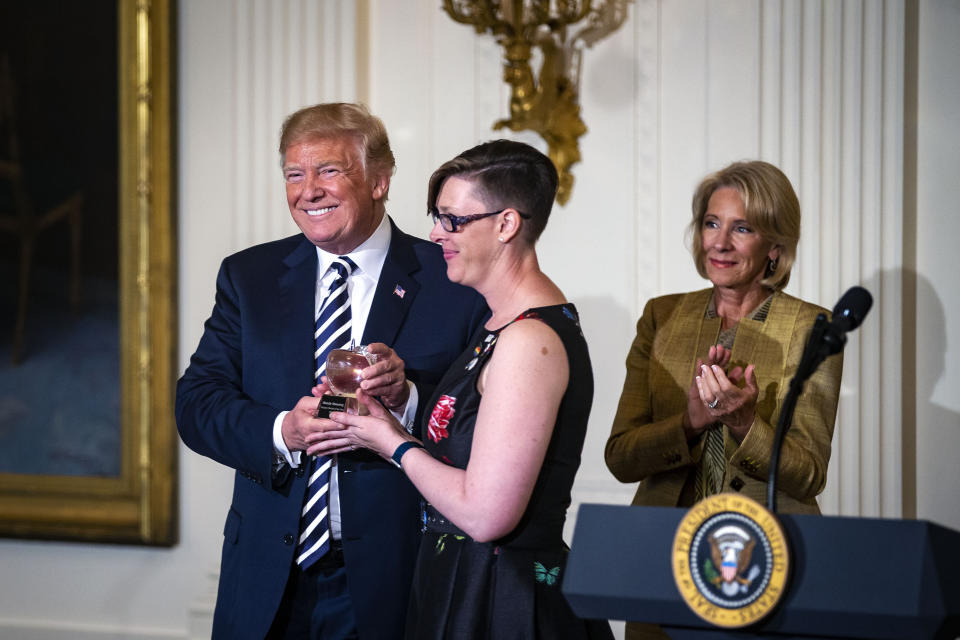 In 2018, President Donald Trump gave the National Teacher of the Year award to Washington educator Mandy Manning. She accepted wearing pins for transgender and LGBTQ rights. (Photo: Getty Images)