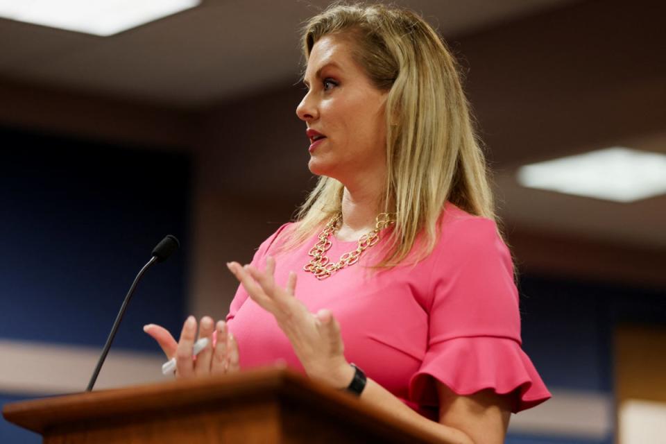 Defence attorney Ashleigh Merchant, who alleged improper relationship between Fani Willis and a special prosecutor hired to lead the case against Donald Trump and others in Georgia, speaks in court in Atlanta on 12 February. (REUTERS)