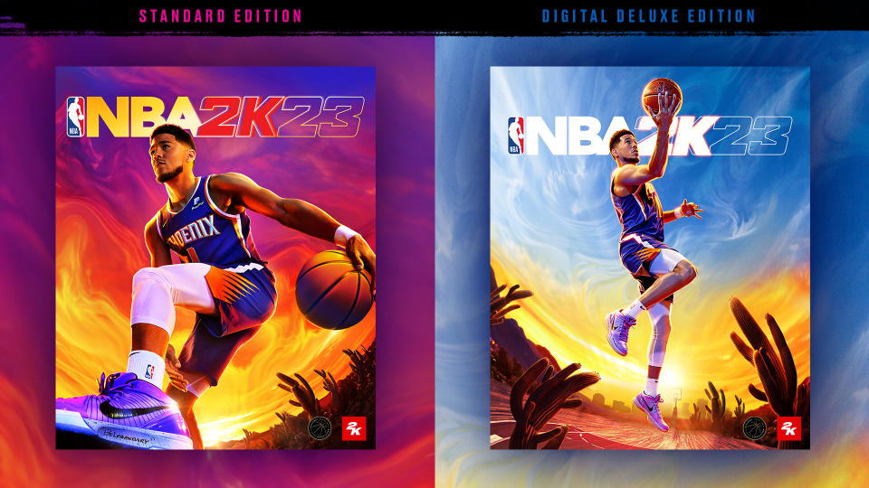 Devin Booker posing for the cover of NBA 2K23's standard and digital deluxe editions.