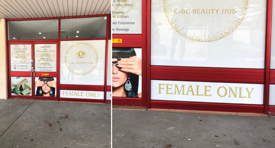 Chic Beauty Hub in St Andrews, NSW, displaying a 'female only' sign