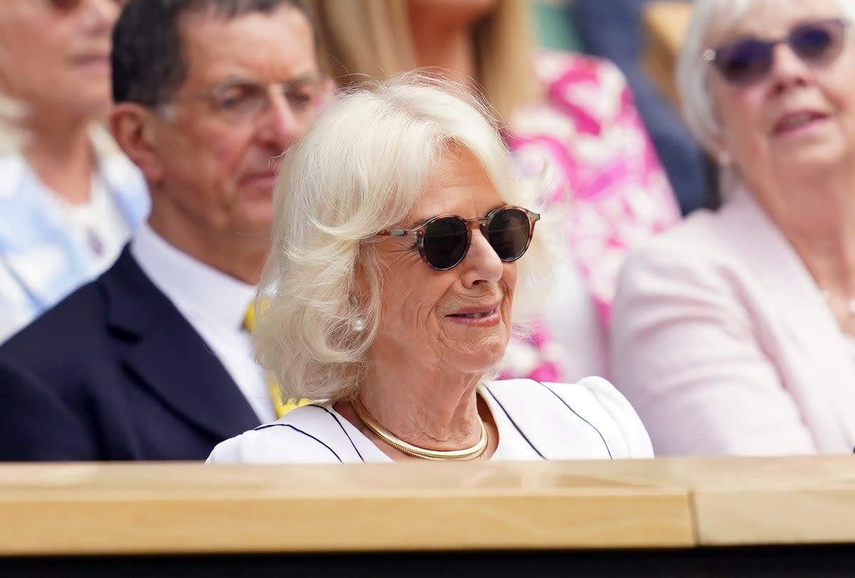 Queen Camilla in the royal box on day ten of the 2023 Wimbledon Championships at the All England Lawn Tennis and Croquet Club in Wimbledon (PA)