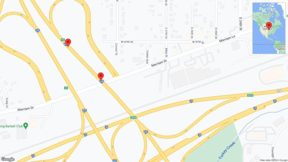 A detailed map that shows the affected road due to 'Broken down vehicle on northbound I-635 in Shawnee' on July 22nd at 10:39 p.m.