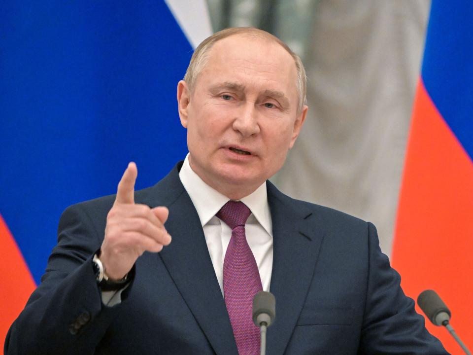 Russian President Vladimir Putin speaks at the Kremlin, in Moscow, on February 15, 2022.