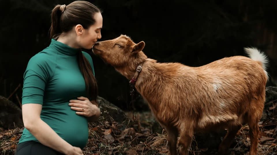Stephanie Zuroski and her pet goat Cotton announced their pregnancies together. Cotton has since given birth to quadruplets. - Rae of Light Photography