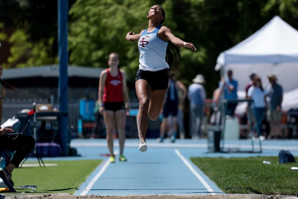 Fremont’s Amare Harlan competes in long jump at the Utah high school track and field championships at BYU in Provo on Thursday, May 18, 2023. | Spenser Heaps, Deseret News