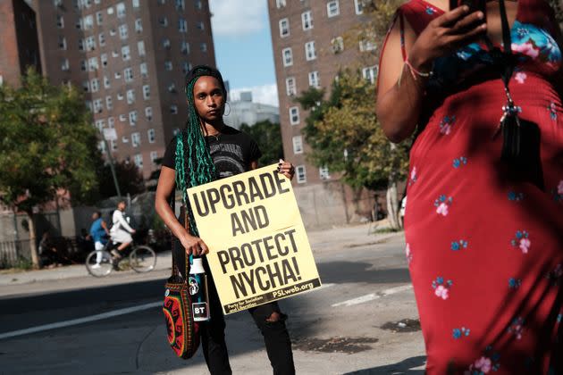 Residents and activists demand improvements at a Manhattan public housing development in September. Leftists put more emphasis on public housing than YIMBYs do.