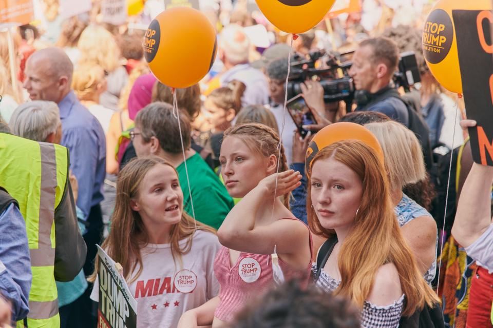 London swelled with protests against Donald Trump during his visit to the U.K., including a giant baby blimp.