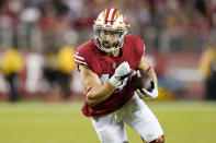 San Francisco 49ers fullback Kyle Juszczyk runs against the Los Angeles Rams during the second half of an NFL football game in Santa Clara, Calif., Monday, Oct. 3, 2022. (AP Photo/Godofredo A. Vásquez)