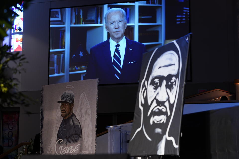 Democratic presidential candidate, former Vice President Joe Biden speaks via video link as family and guests attend the funeral service for George Floyd at The Fountain of Praise church Tuesday, June 9, 2020, in Houston. (AP Photo/David J. Phillip, Pool)