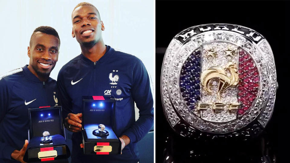 Blaise Matuidi and Paul Pogba pose with their new NBA-style World Cup winners’ rings. (Image: @MATUIDIBlaise/jasonofbeverleyhills)