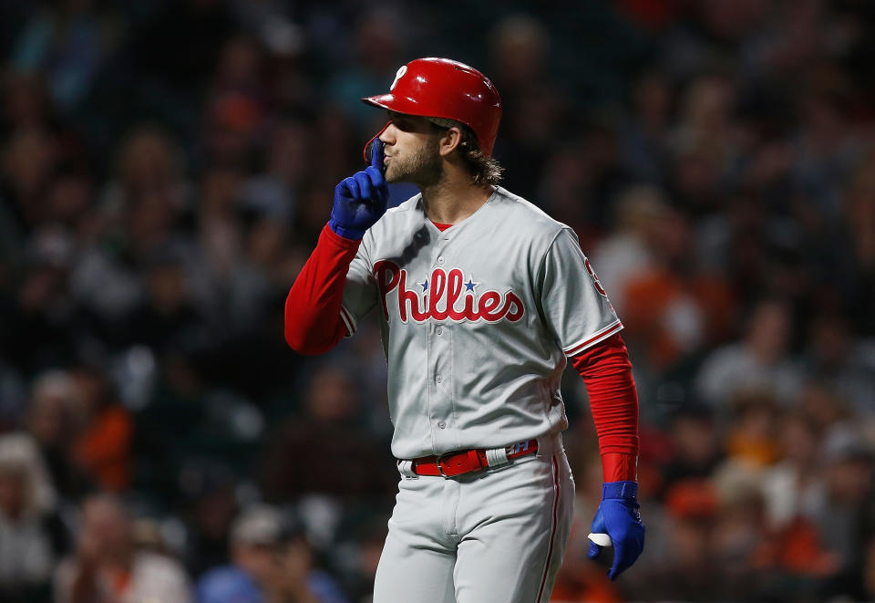 SAN FRANCISCO, CALIFORNIA - AUGUST 09: Bryce Harper #3 of the Philadelphia Phillies gestures to the fans after hitting a solo home run in the top of the fifth inning against the San Francisco Giants at Oracle Park on August 09, 2019 in San Francisco, California. (Photo by Lachlan Cunningham/Getty Images)