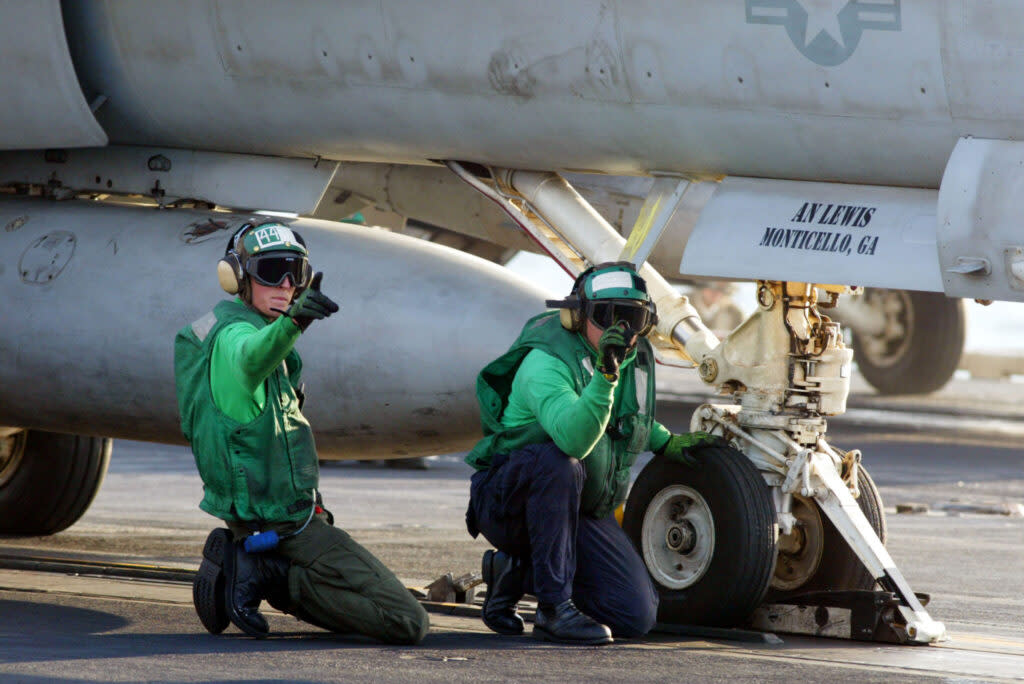 U.S. Navy F-18 is prepared to launch off the USS Constellation