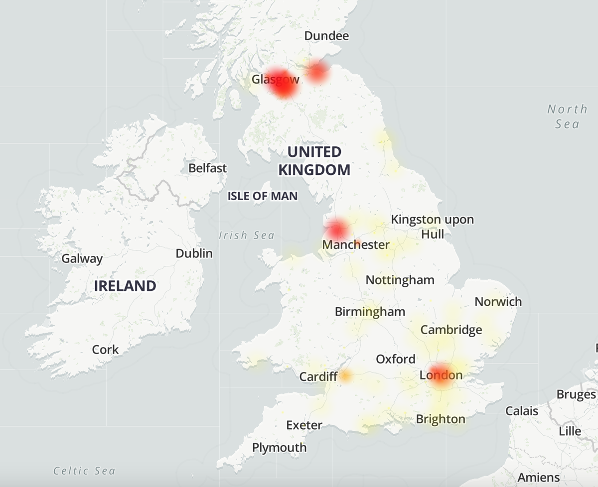 Sky Mobile customer complaints appear to be centred in London, Manchester and Glasgow (Downdetector)