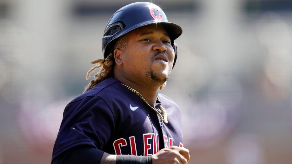 Mandatory Credit: Photo by Carlos Osorio/AP/Shutterstock (11844331b)Cleveland Indians' Jose Ramirez scores during the first inning of a baseball game against the Detroit Tigers, in DetroitIndians Tigers Baseball, Detroit, United States - 04 Apr 2021.