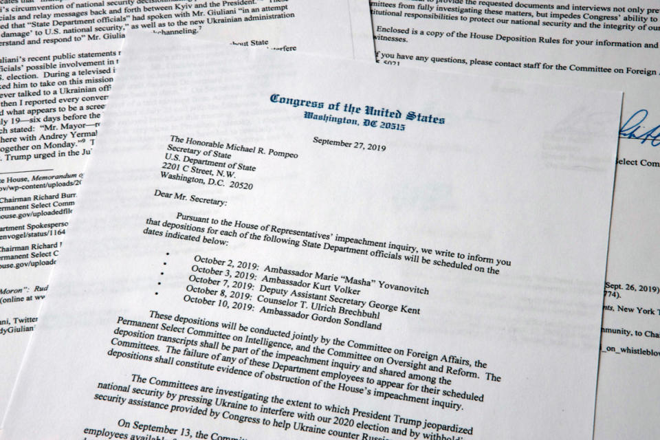 The Sept. 27, 2019, letter from House Democrats on the Foreign Affairs, Intelligence and Oversight and Reform Committees to Secretary of State Mike Pompeo with the request to schedule depositions for Marie Yovanovitch, Kurt Volker, George Kent, T. Ulrich Brechbuhl and Gordon Sondland.