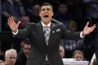 FILE - In this March 14, 2019, file photo, Villanova head coach Jay Wright reacts during the first half of an NCAA college basketball game against Providence at the Big East Conference tournament in New York. Wright is starting his 19th season at Villanova, where he is already the winningest coach in program history. (AP Photo/Frank Franklin II, File)