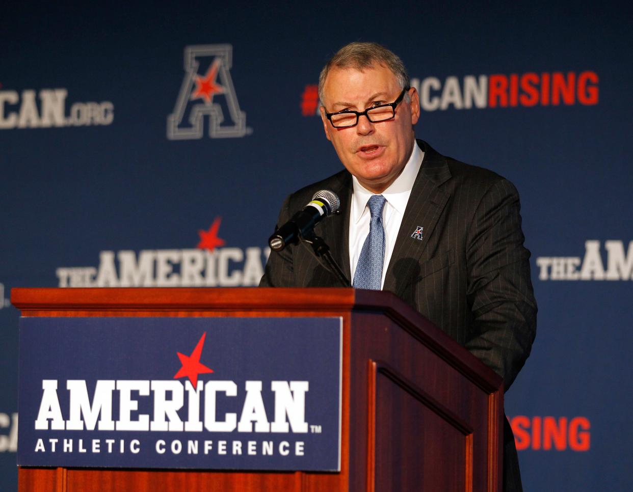 From 2015, outgoing American Athletic Conference commissioner Mike Aresco addressed the press on Media Day. AP