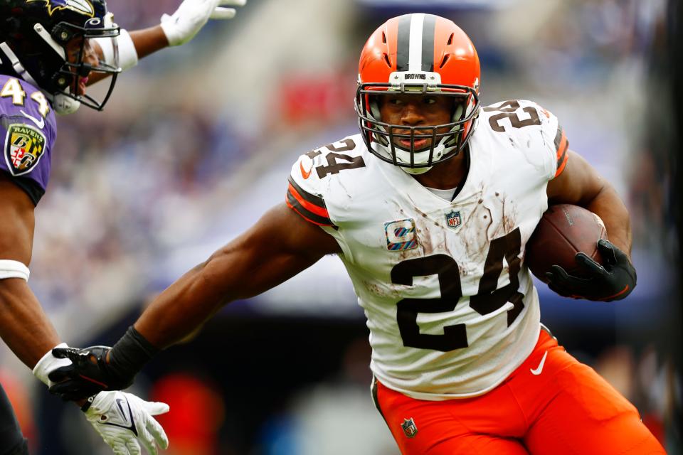 Cleveland Browns running back Nick Chubb (24) in action against the Baltimore Ravens on Oct. 23, 2022, in Baltimore.