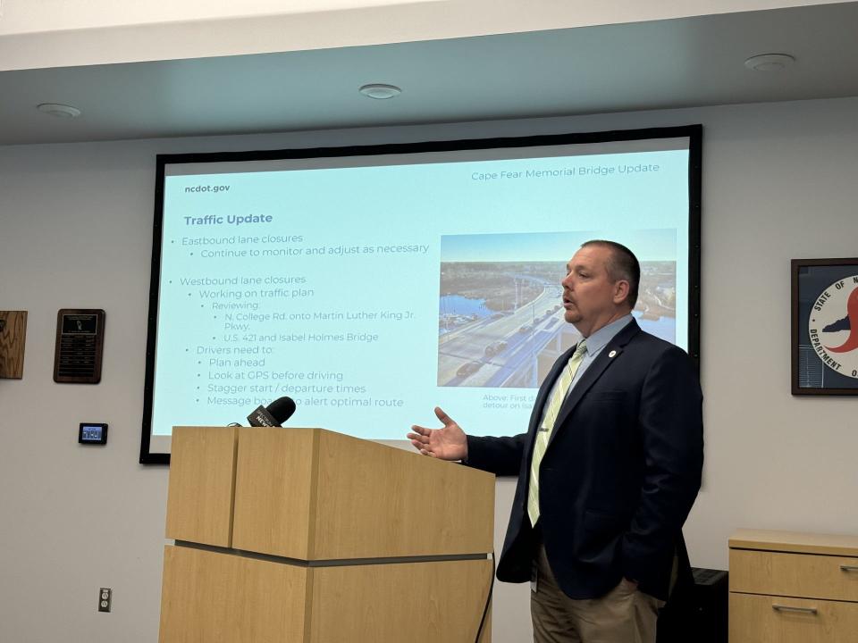 Trevor Carroll, division maintenance engineer with the NCDOT, provided an update on the traffic impacts of the Cape Fear Memorial Bridge project at a press conference on Wednesday, March 20. Carroll discussed the upcoming closure of the westbound bridge lanes.