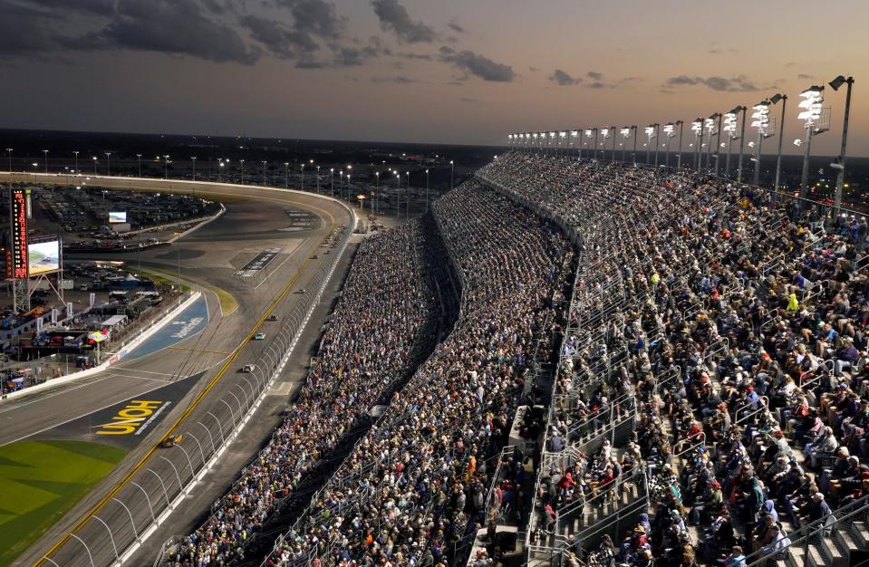 Looking west from atop the grandstands, toward Turn 1 at Daytona International Speedway.