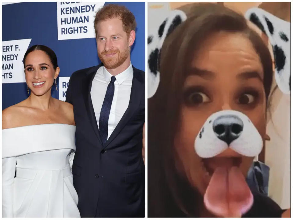 Rechts, Meghan und Harry im Dezember 2022. Links, Meghan mit einem Social-Media-Hundefilter - Copyright: Mike Coppola for Robert F. Kennedy Human Rights Ripple of Hope Gala/Getty Images, Netflix/Duke and Duchess of Sussex