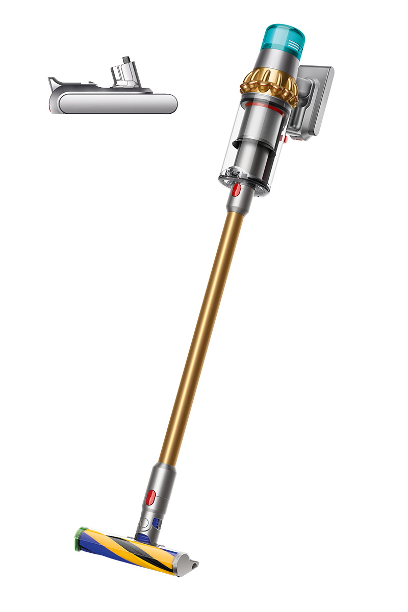 The Dyson V15 Detect Absolute Extra stick vacuum cleaner with gold stick, purple, yellow, gold, red, aqua and grey trim and a grey floor dock are shown on a grey background.