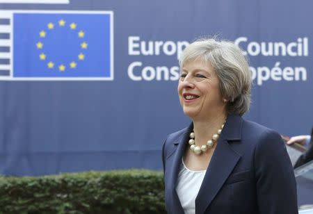 Prime Minister Theresa May arrives at the EU summit in Brussels, Belgium, October 20, 2016. REUTERS/Yves Herman