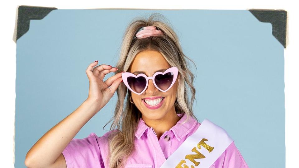barbie halloween costume with president sash, pink sunglasses and scrunchie
