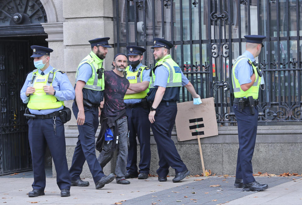 <p>Members of Extinction Rebellion protest outside Leinster House, Dublin, as politicians returned for the new Dail term. Picture date: Wednesday September 15, 2021.</p>

