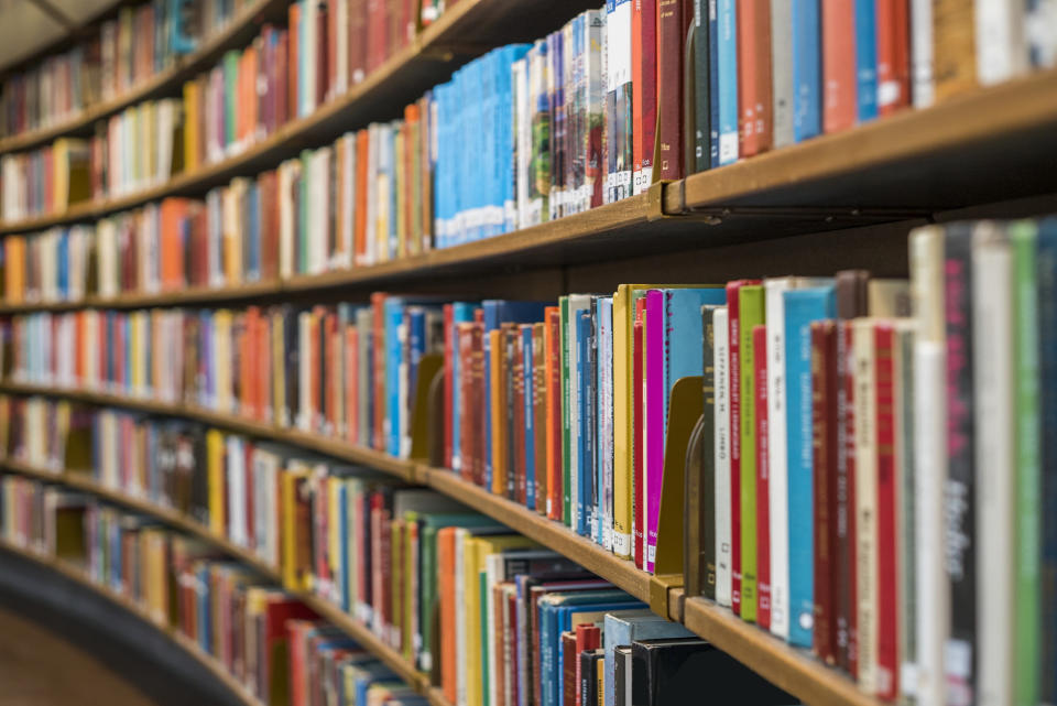 Books in a library.