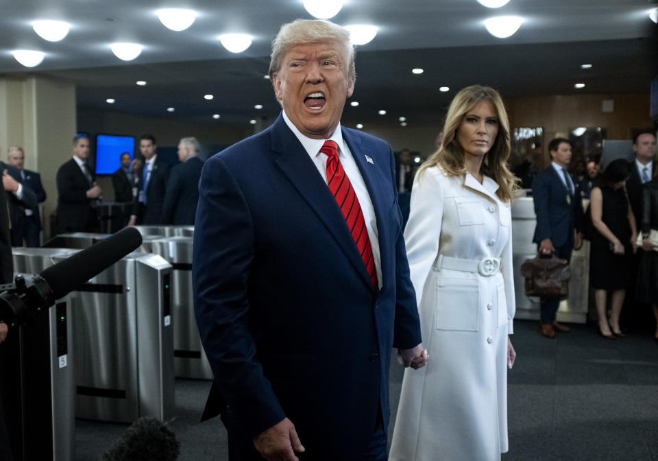 President Donald Trump addresses reporters as he arrives with first lady Melania Trump for the 74th session of the United Nations General Assembly, at U.N. headquarters, Tuesday, Sept. 24, 2019. (Photo: Craig Ruttle/AP)