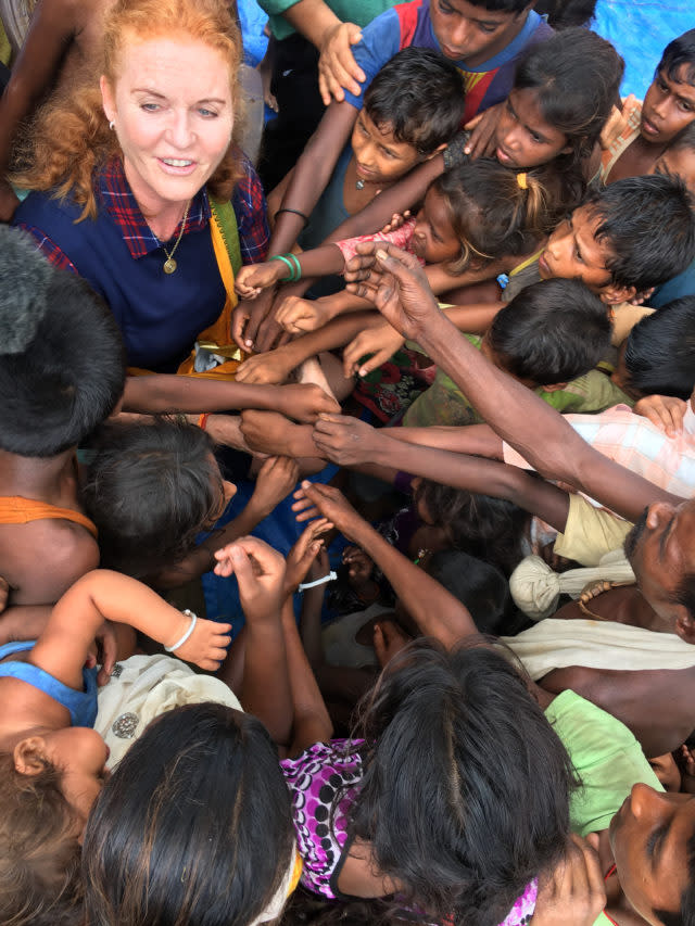 Sarah pictured with children during her recent visit to Nepal (Street Child/PA)