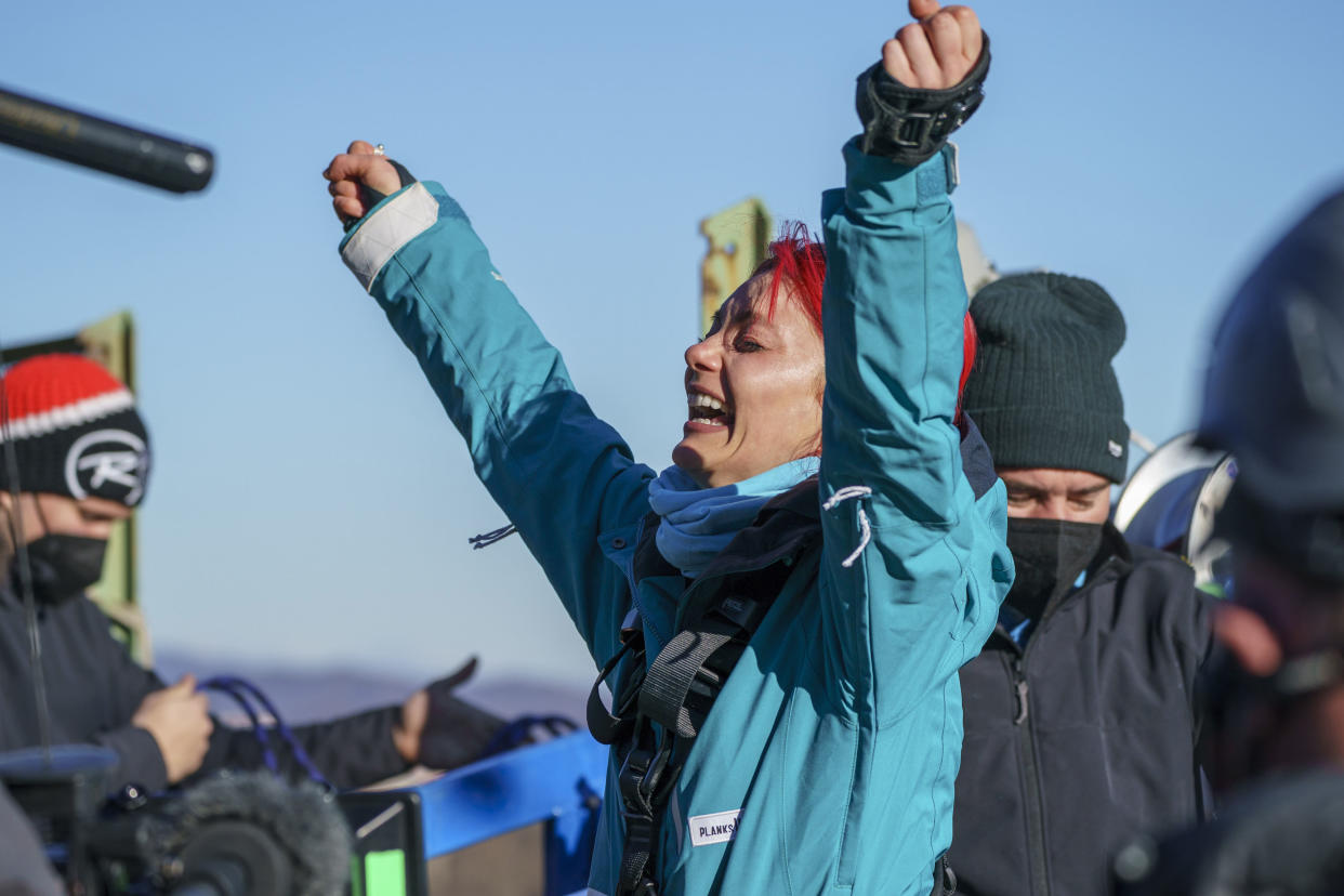 Dianne Buswell celebrates jumping from the bridge. (Hungry Bear Media)