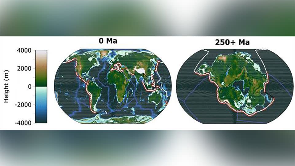 This image shows the geography of today's Earth and the projected geography of Earth in 250 million years, when all the continents converge into one supercontinent  - University of Bristol