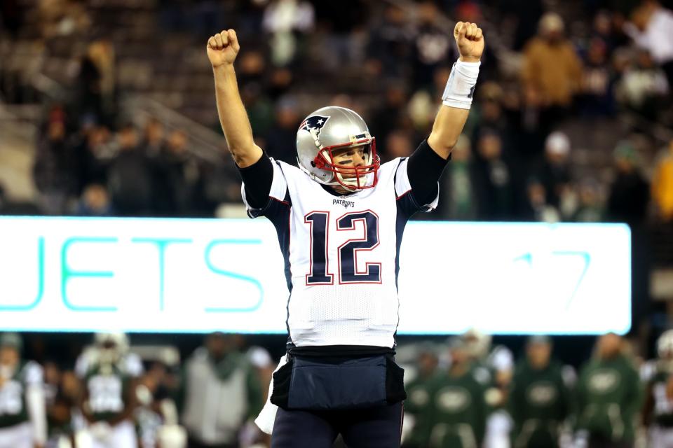 Victory: Tom Brady led the Patriots to a comeback win over the Jets. (Getty Images)