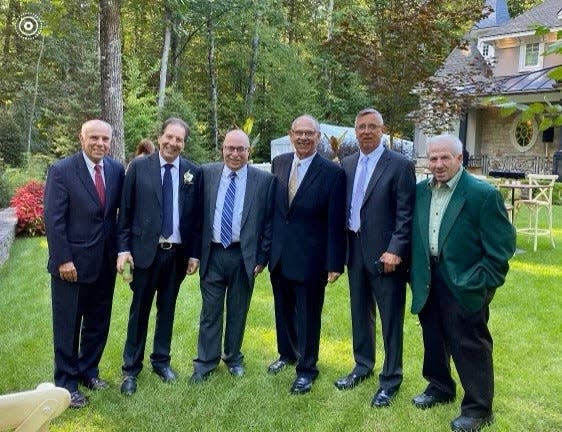 A group that became close friends at Monmouth Park, including (left-to-right) Ron Riccio, Al Gold, Al Squillante, Lou Filoso, Tom Luicci and Jerry Barash, shown last summer in Saratoga Springs, New York.