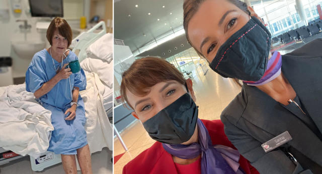 Cabin manager Sarina Bedwell (right) responded to the couple and stayed with them during the ordeal. Source: Supplied/Virgin Australia