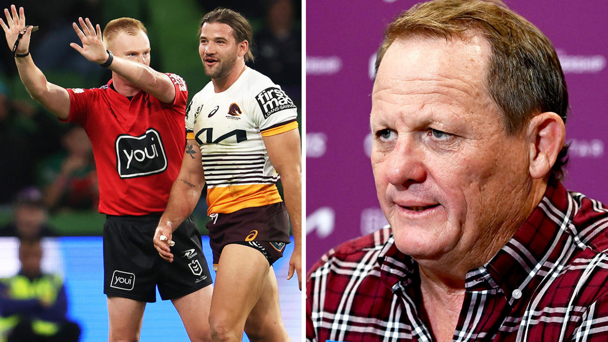 Patrick Carrigan is sent to the sin-bin on the left, with Broncos coach Kevin Walters pictured right.