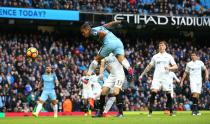 <p>Gabriel Jesus of Manchester City has his header saved in the build up to scoring his sides second goal during the Premier League match between Manchester City and Swansea City at Etihad Stadium on February 5, 2017 in Manchester, England. </p>