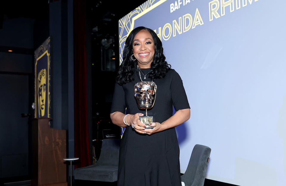 Shonda Rhimes poses with her award during the BAFTA Honours Shonda Rhimes event at the Midnight Theatre & Hidden Leaf Restaurant on May 03, 2023 in New York City.