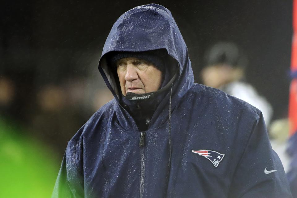 New England Patriots head coach Bill Belichick watches from the sideline in the second half of an NFL football game against the Dallas Cowboys, Sunday, Nov. 24, 2019, in Foxborough, Mass. (AP Photo/Elise Amendola)
