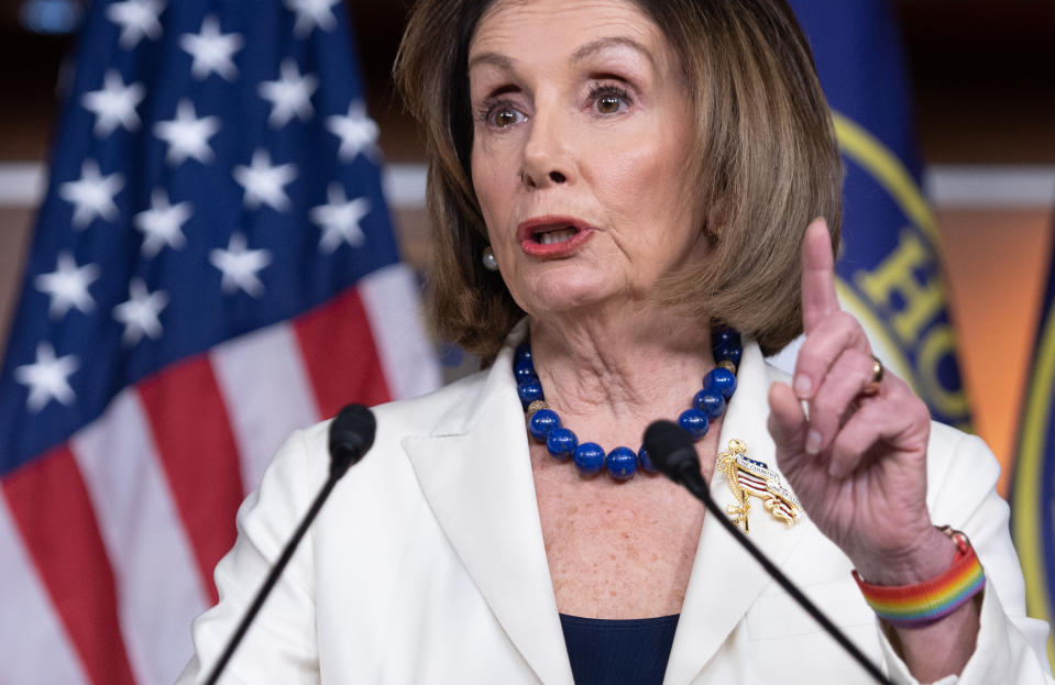 House Speaker Nancy Pelosi holds her weekly press conference on Capitol Hill in Washington, D.C., Thursday. (Saul Loeb/AFP via Getty Images)