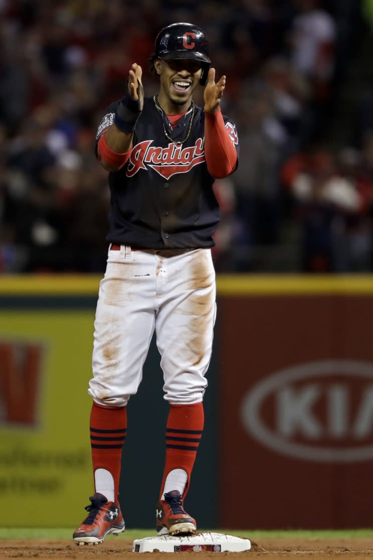 Francisco Lindor ignited the Indians&#39; offense with an early stolen base. (AP Photo/Matt Slocum)