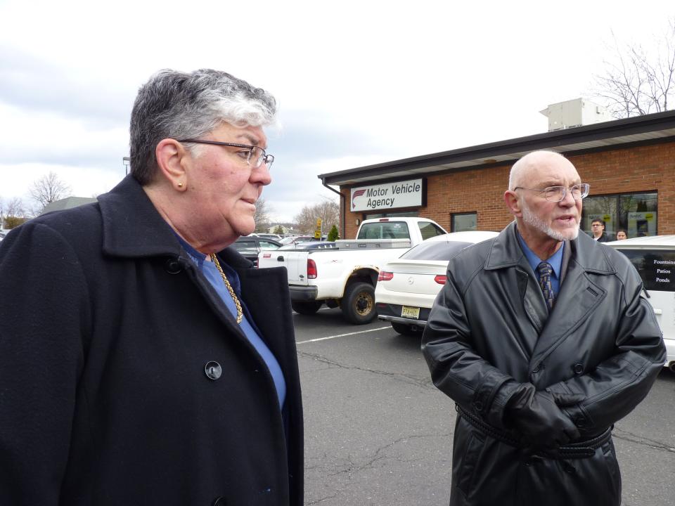 Sue Fulton, chief administrator of the state Motor Vehicle Commission, and Somerville Mayor Dennis Sullivan met in February 2020 at MVC's Somerville location on Roosevelt Place to discuss relocating the office.