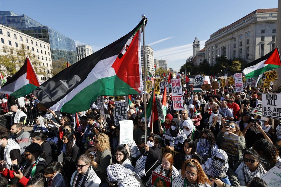 Thousands participate in the National March on Washington: Free Palestine rally on Nov. 4, 2023, in Washington, D.C. Organizers of the event are making a push to demand both a cease-fire in the Israel-Gaza war and an end to U.S. aid to Israel.